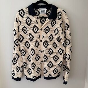 Scotch‎ & Soda Crochet Cardigan Navy Cream Geometric Floral Polo Sweater Small